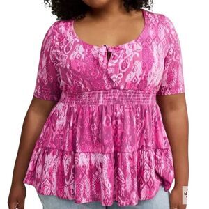 Torrid Super Soft Tie Front Babydoll Top Smocked Blouse Shirt Pink 1 US 1X